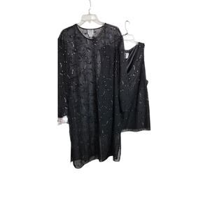 4302)R&M Richards Karen Kwong Black Bling Sheer Tank & Duster Set Plus Size 24W